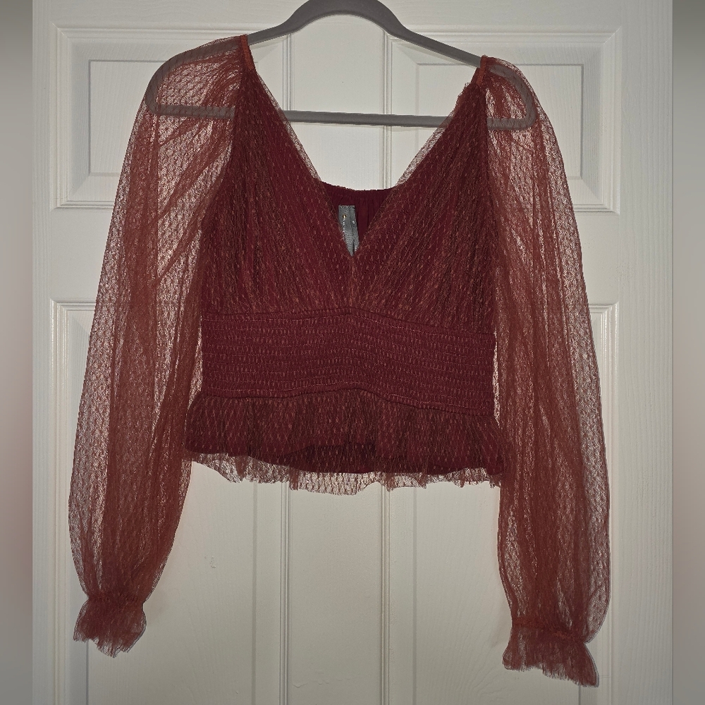 Moving Sale! { Anthropologie Rust Colored Peplum Lace Top Size M